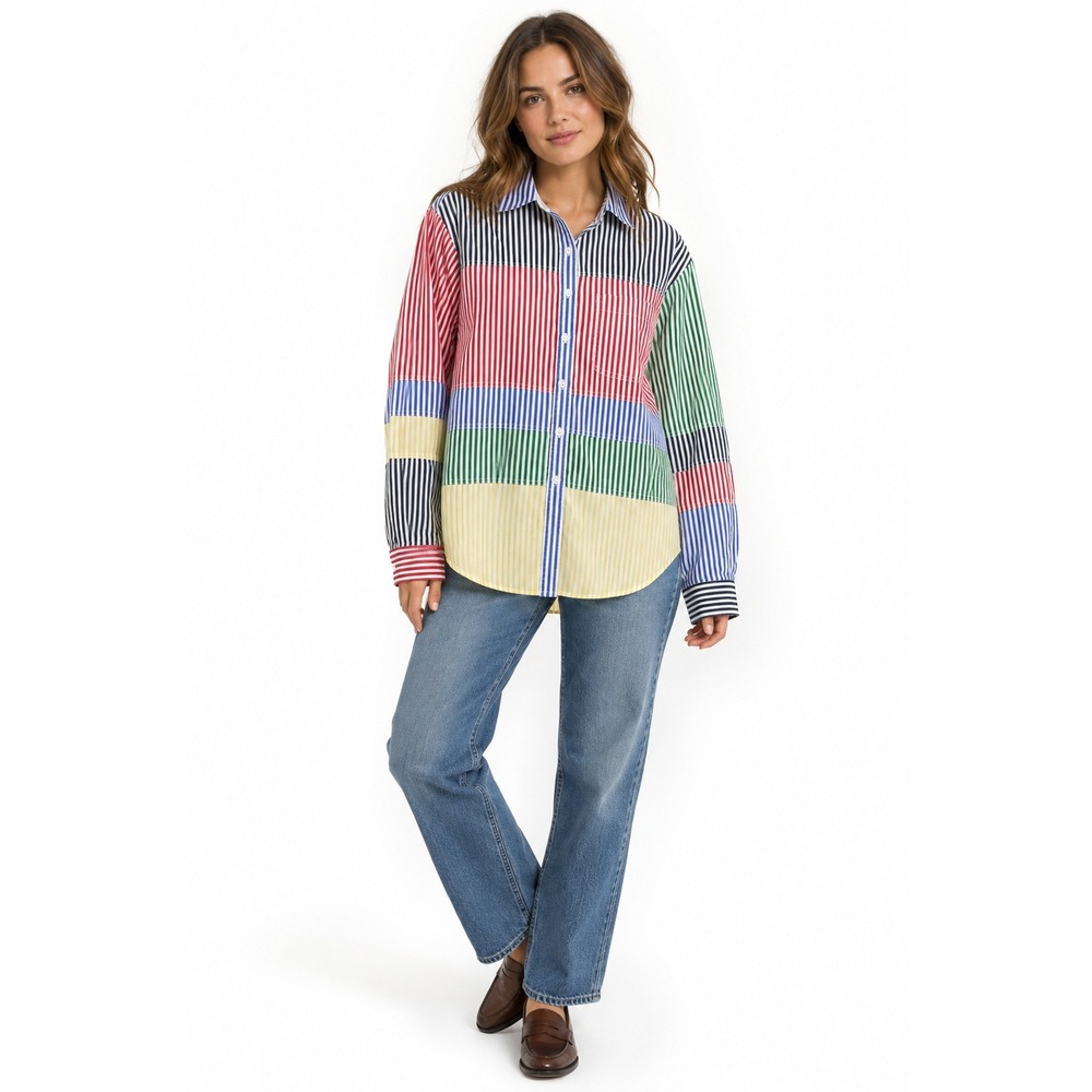 Multicolor Colorblock Striped Button Down Shirt Large Cotton Preppy Grandpacore